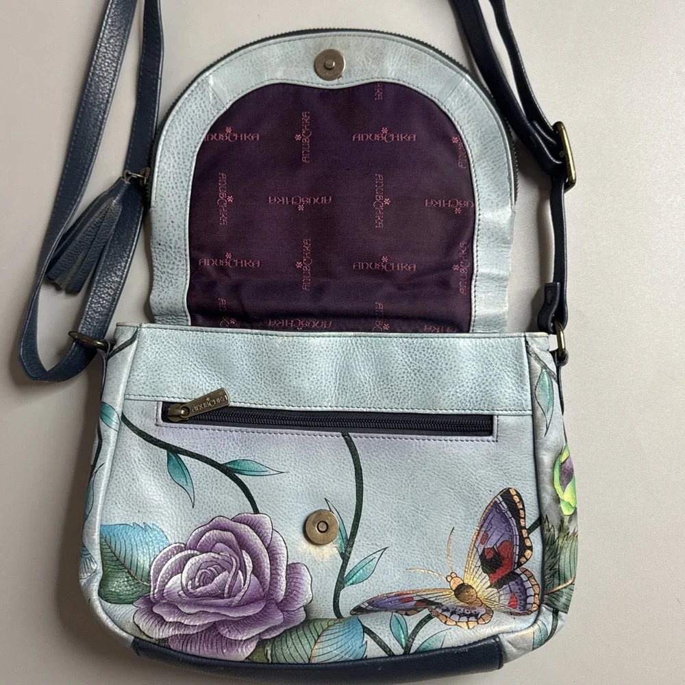 Anuschka Hand Painted‎ Floral Butterfly Leather Shoulder Bag Blue Bug Insect
